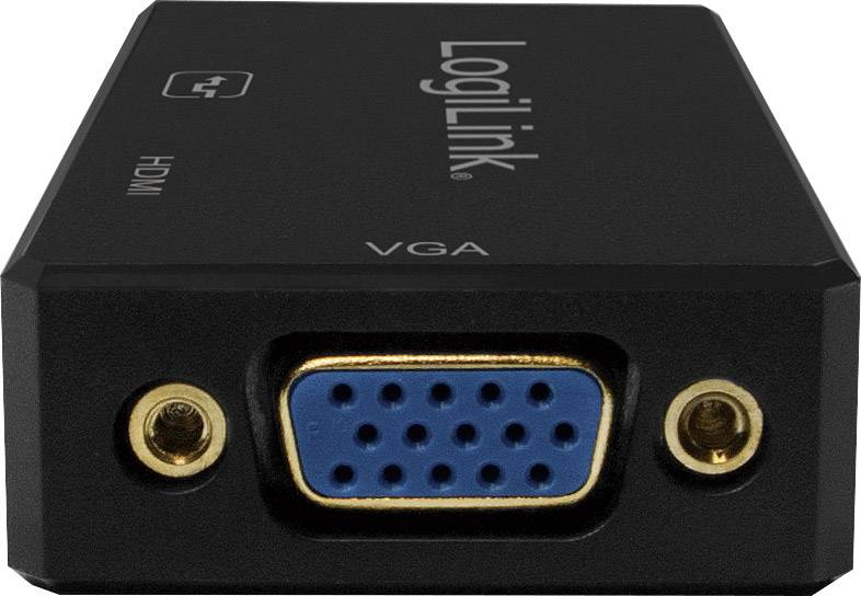Schwarzer HDMI-zu-VGA-Adapter mit blauer VGA-Anschlussbuchse und Beschriftungen 'HDMI' und 'VGA' auf der Oberseite.