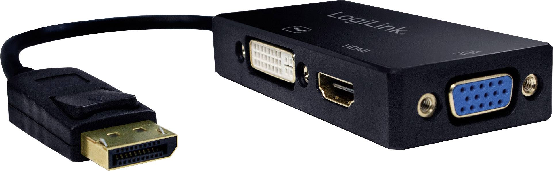 'DisplayPort' Adapter mit Anschlüssen für DVI, HDMI und VGA zum Verbinden von Geräten mit unterschiedlichen Videoanschlüssen.