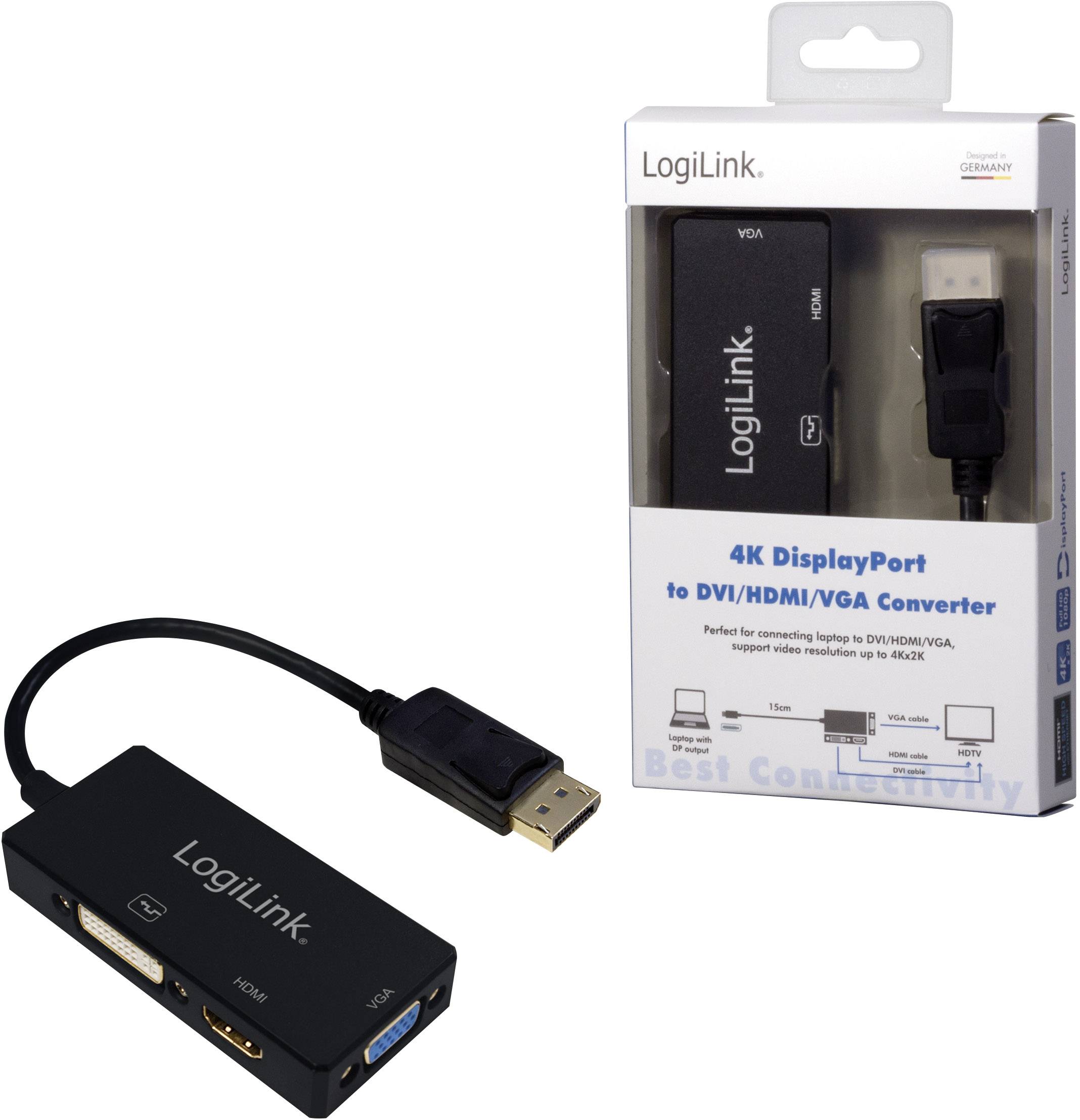 Ein DisplayPort-zu-DVI/HDMI/VGA-Adapter von LogiLink mit Verpackung. Verwendbar zum Anschluss an verschiedene Videoanschlüsse.