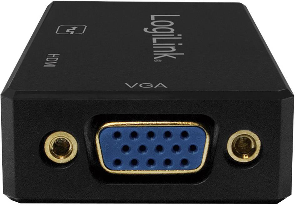 Ein schwarzer LogiLink-Adapter, der VGA zu HDMI konvertiert. Zeigt blaue VGA-Anschlussbuchse und HDMI-Anschluss.