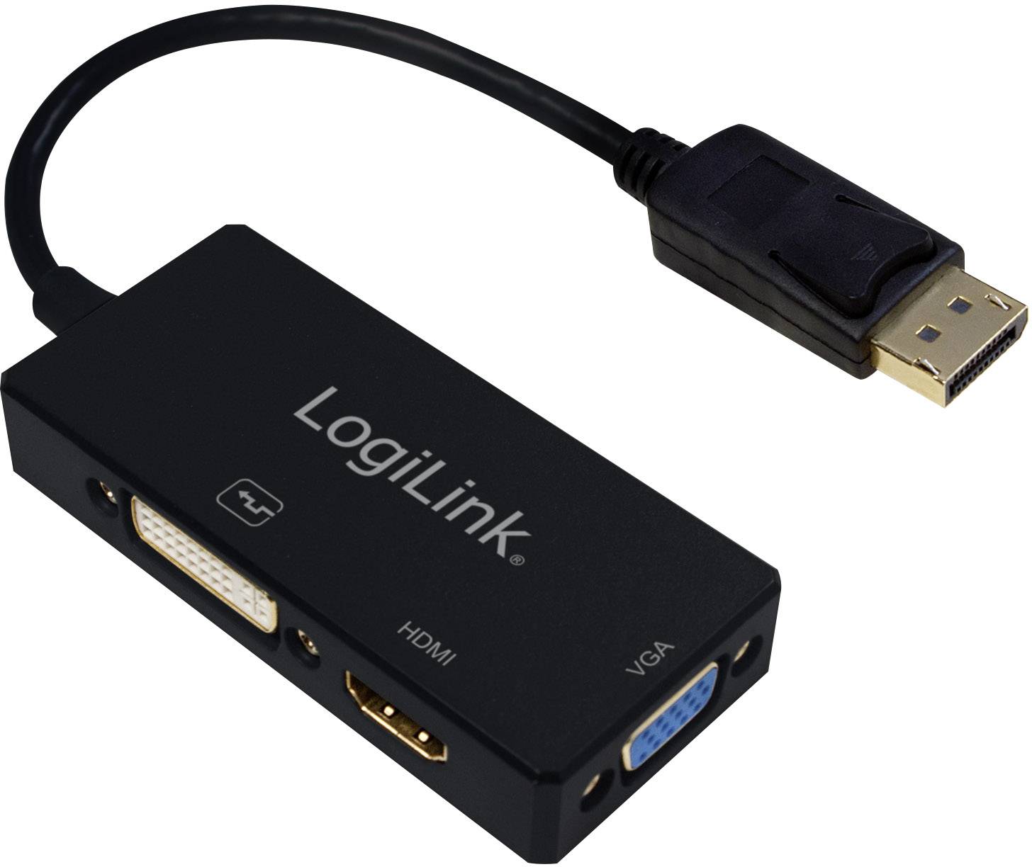 Ein schwarzer Adapter mit 'LogiLink'-Logo verbindet DisplayPort mit drei Ausgängen: DVI, HDMI und VGA.