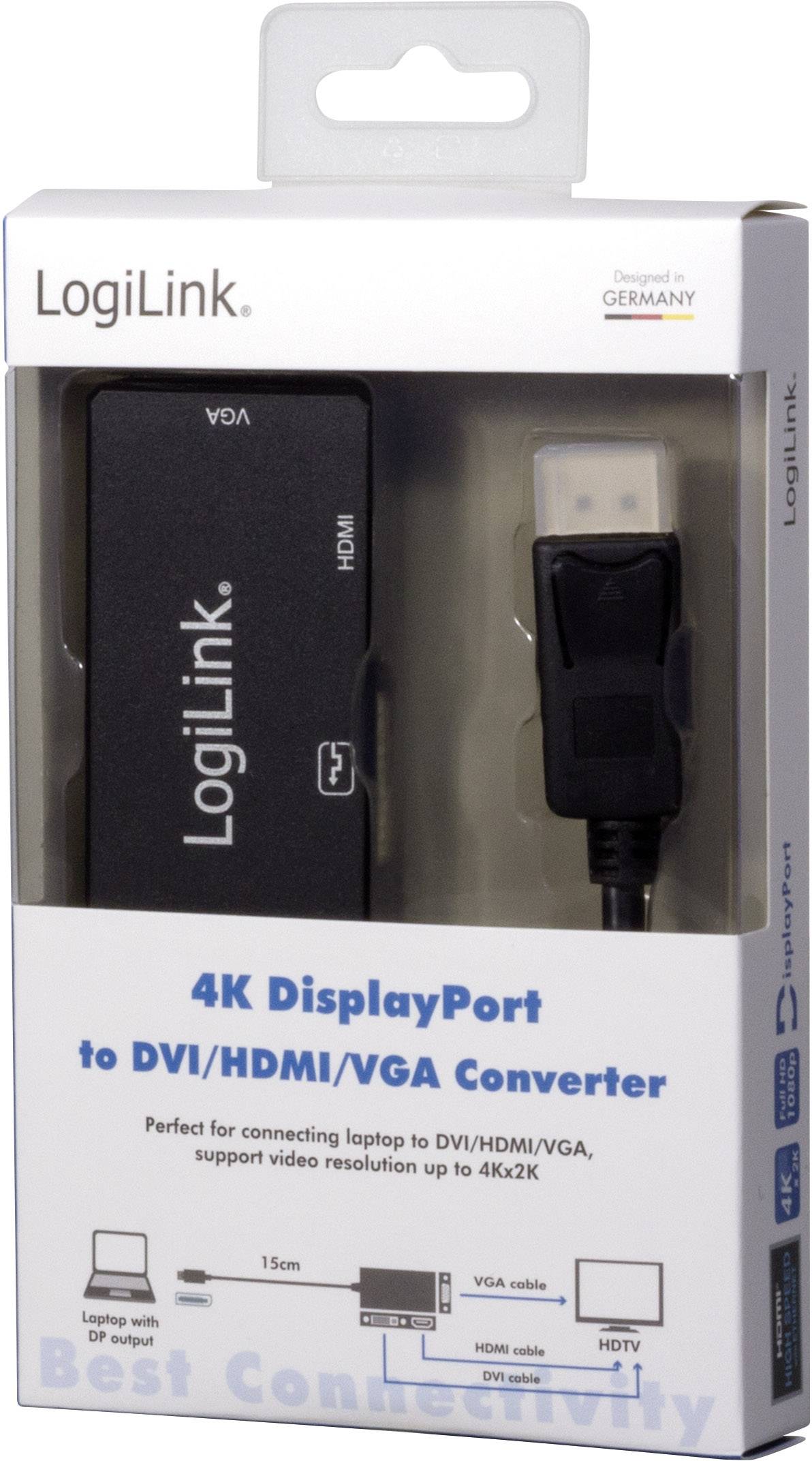'LogiLink 4K DisplayPort zu DVI/HDMI/VGA Konverter', ideal für die Verbindung von Laptops zu Monitoren mit hoher Auflösung bis 4K.