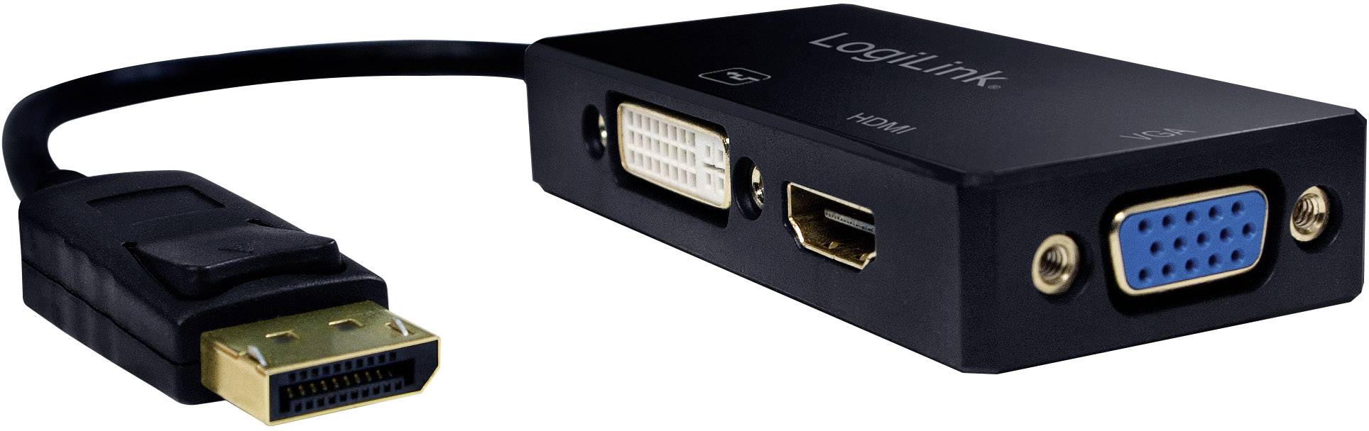 Ein Adapterkabel mit DisplayPort-Stecker, das auf DVI-, HDMI- und VGA-Buchsen führt. Zum Verbinden von verschiedenen Anzeigegeräten.