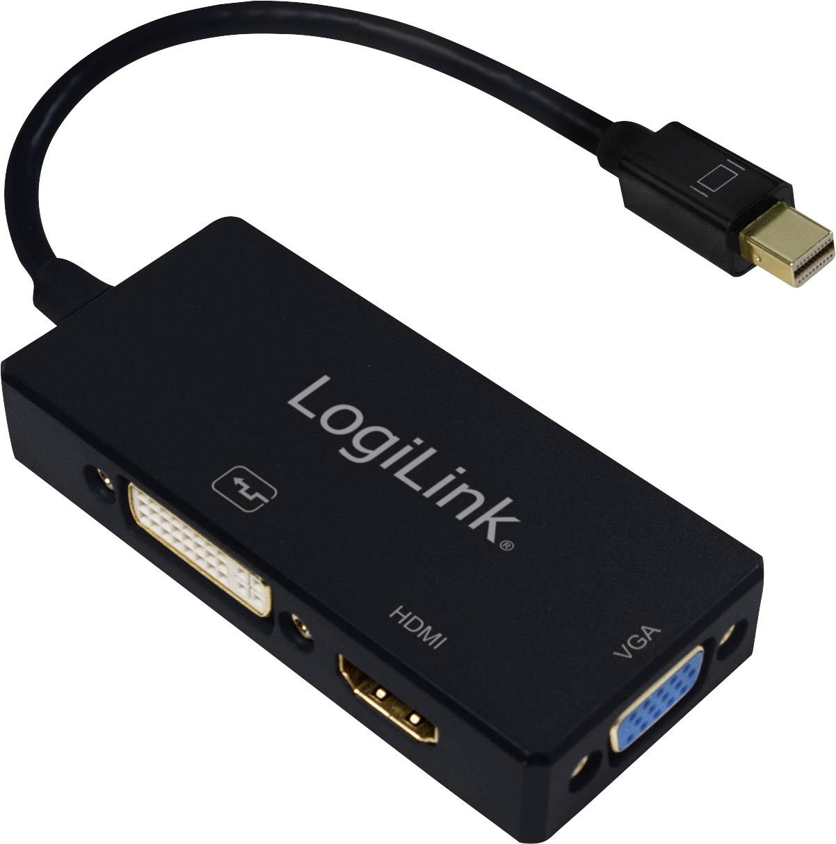 Ein schwarzer Adapter mit einem Mini DisplayPort-Stecker verfügt über drei Anschlüsse: VGA, HDMI und DVI.