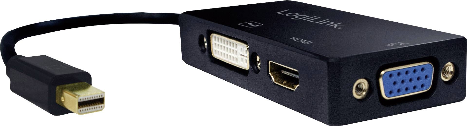 Ein Adapter mit Mini-DisplayPort-Stecker und DVI-, HDMI- und VGA-Anschlüssen, geeignet für den Anschluss an verschiedene Ausgabegeräte.