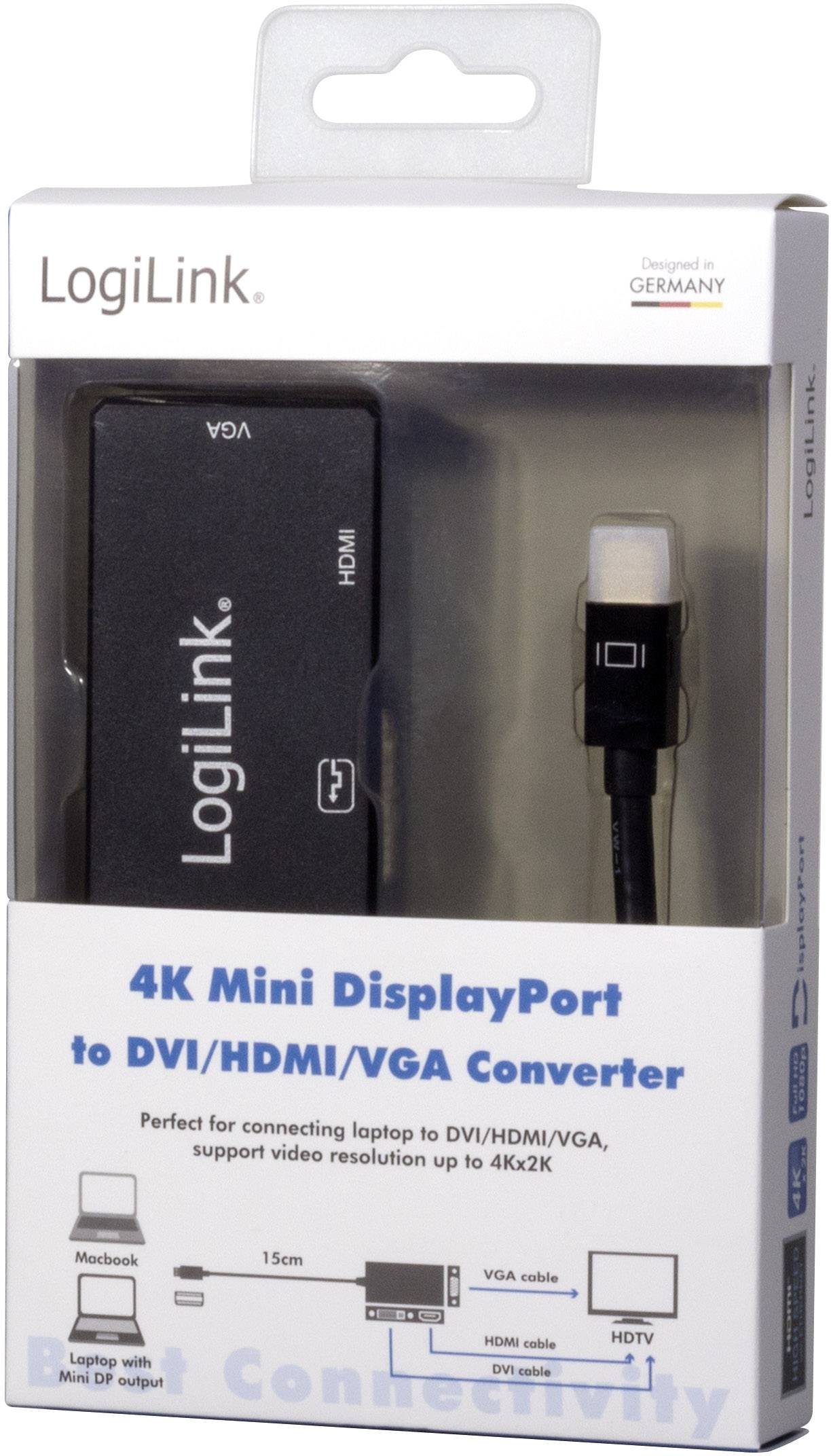 LogiLink 4K Mini DisplayPort zu DVI/HDMI/VGA Konverter. Verbindet Laptops mit DVI/HDMI/VGA, unterstützt bis zu 4K Auflösung.