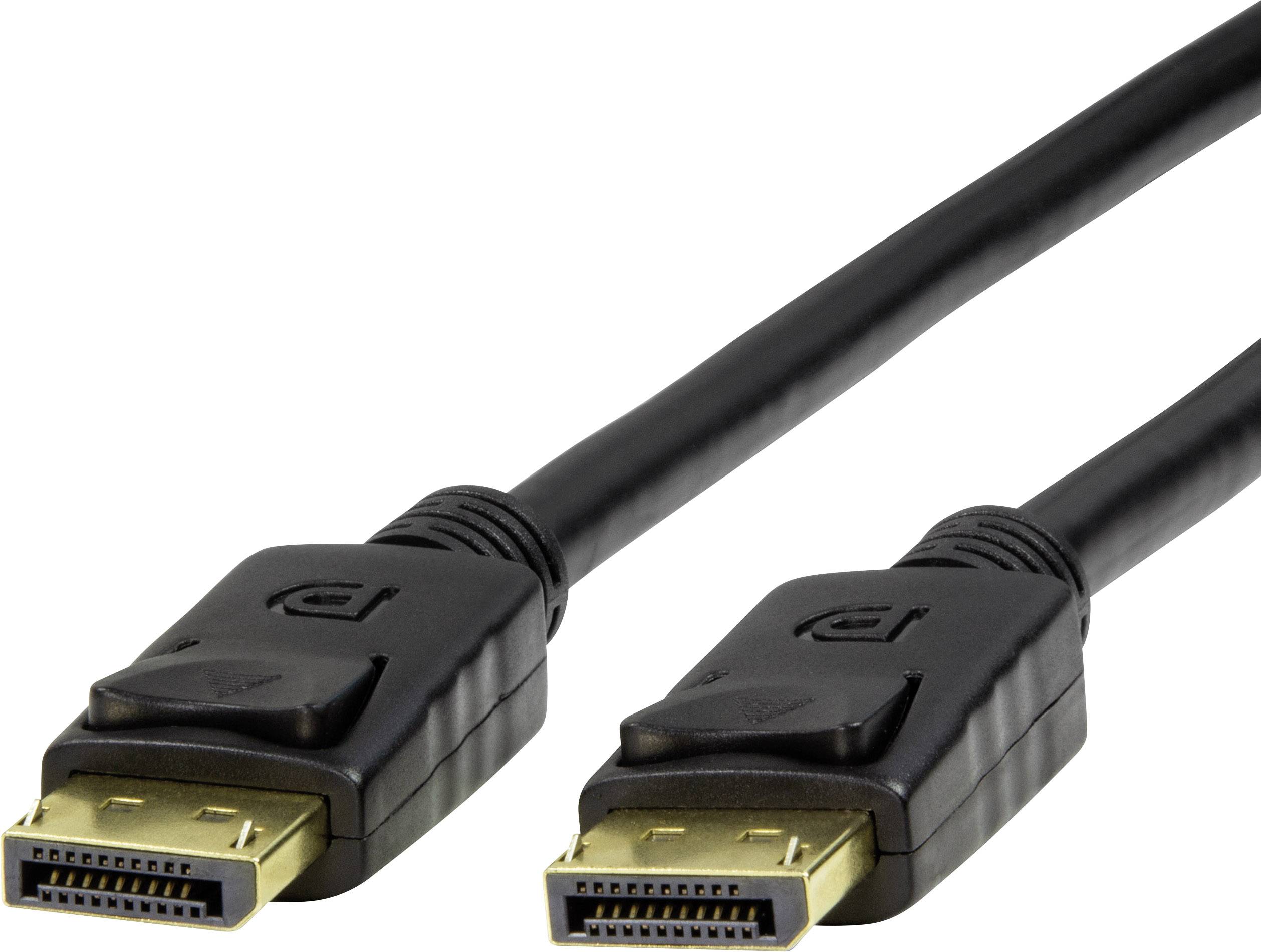 Schwarzes DisplayPort-Kabel mit zwei identischen Steckern, jeweils mit goldenen Kontakten und einem 