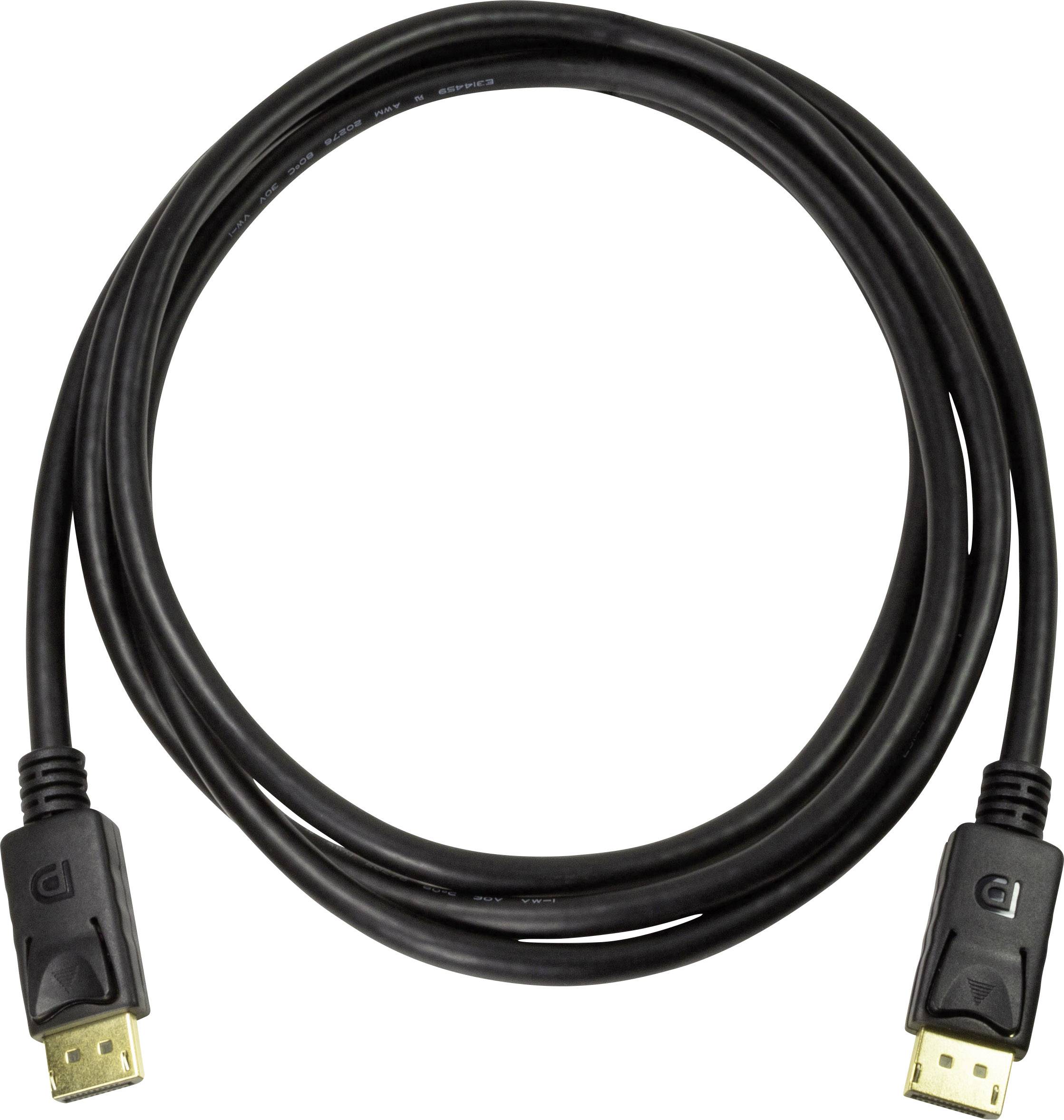 Ein schwarzes DisplayPort-Kabel mit zwei Steckern an den Enden, für den Anschluss von Monitoren an Computer oder andere Geräte.