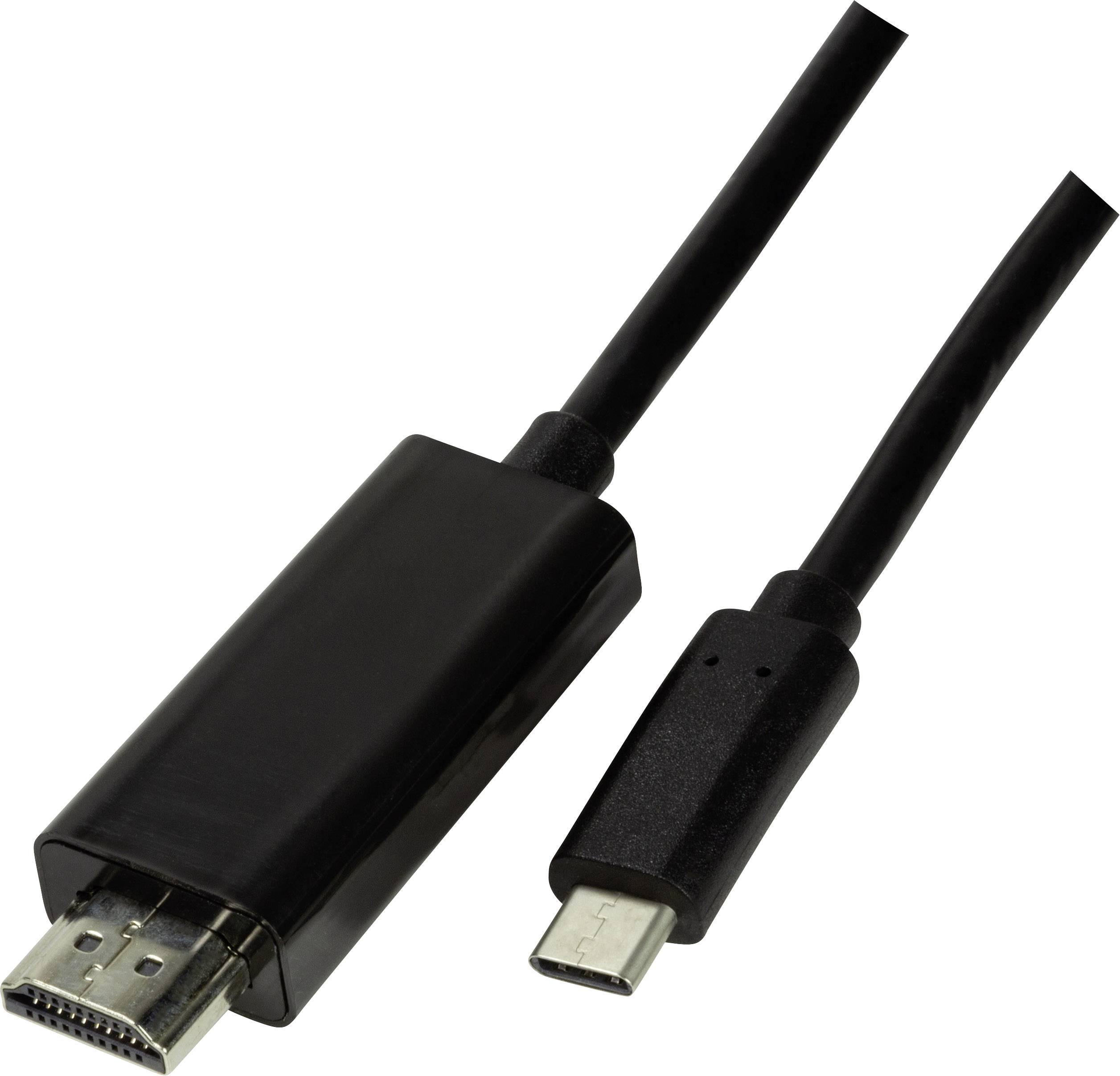Ein schwarzes Kabel mit HDMI-Stecker auf der linken Seite und USB-C-Stecker auf der rechten Seite, zur Verbindung von Geräten.