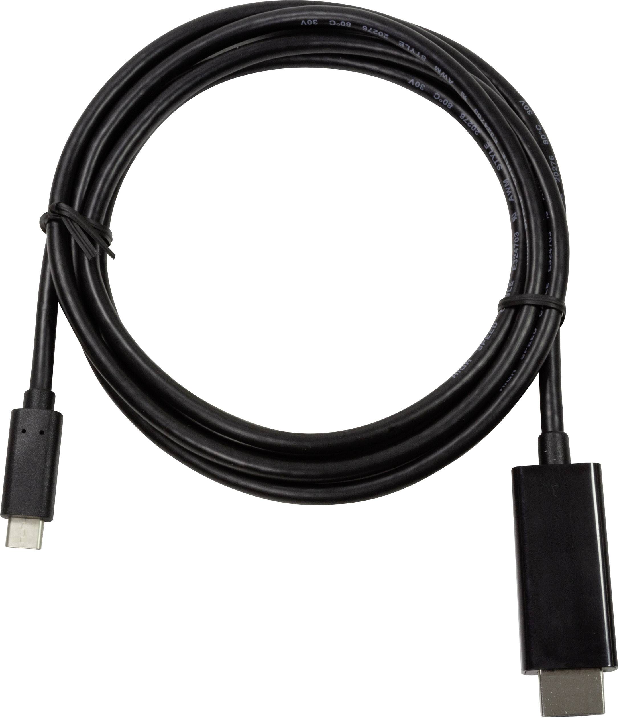 Ein schwarzes USB-C-auf-HDMI-Kabel auf weißem Hintergrund.