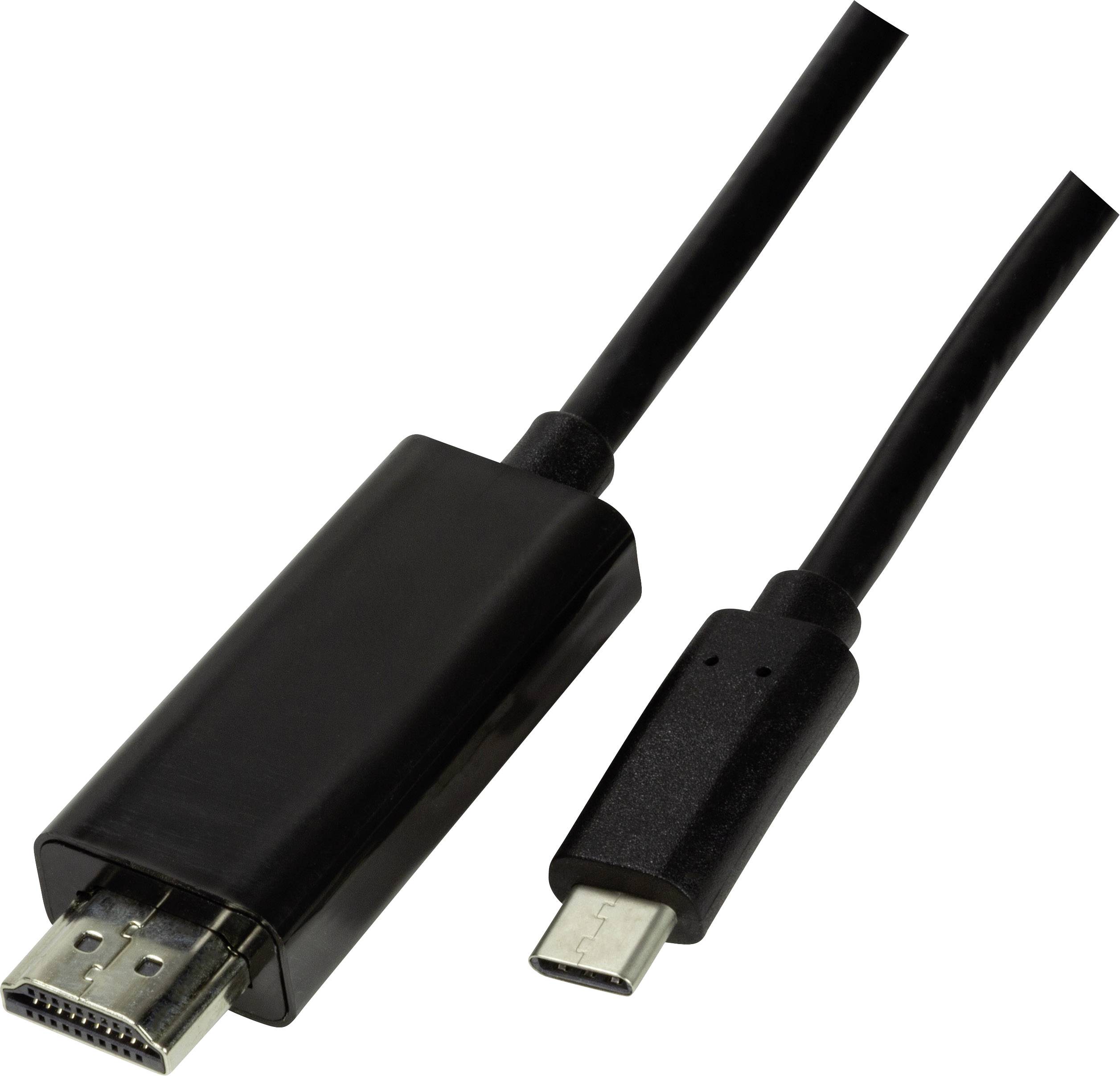 Ein schwarzes HDMI-auf-USB-C-Kabeladapter, das verschiedene Geräte miteinander verbindet, wie Laptops und Monitore oder Projektoren.
