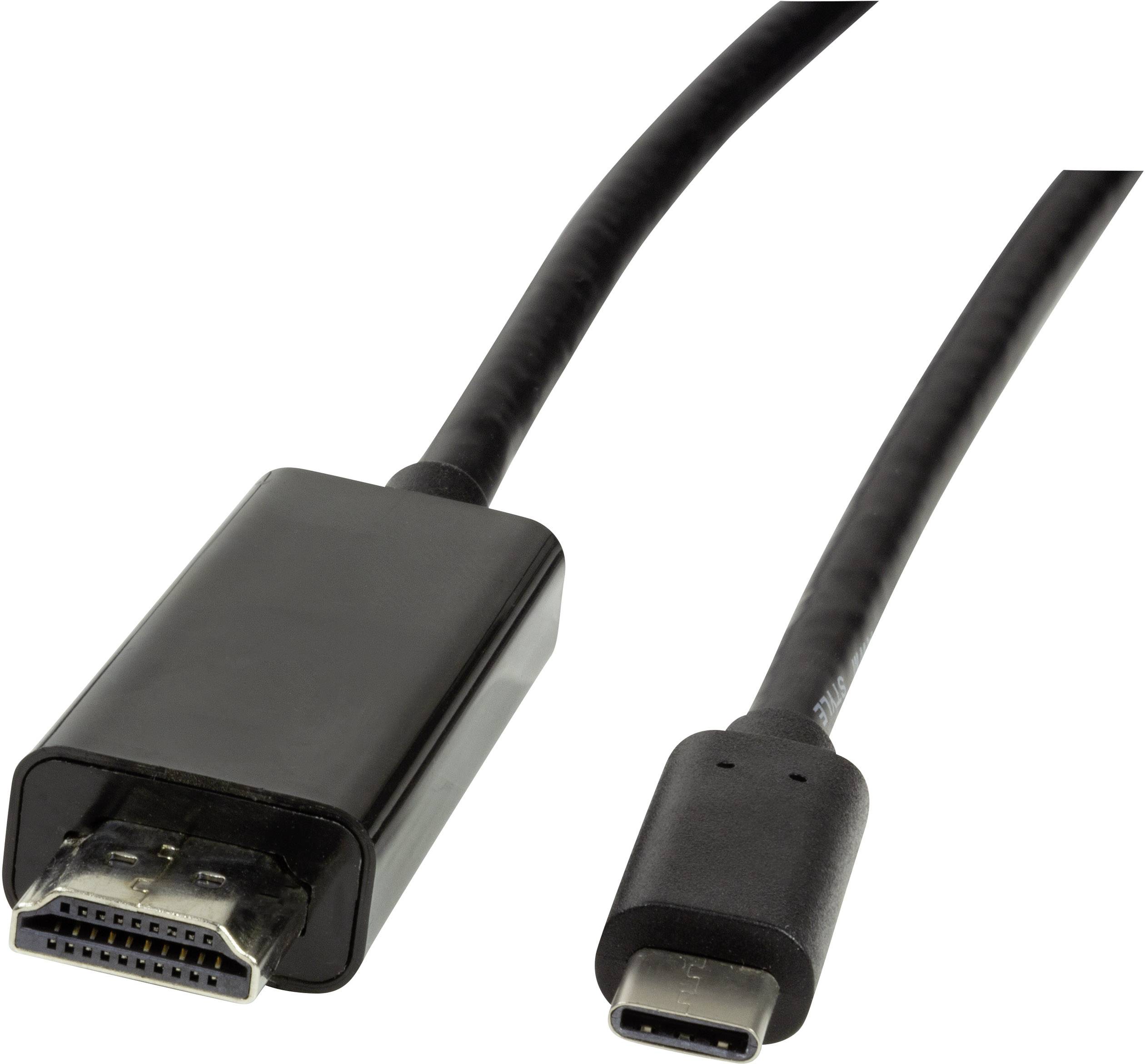 Ein schwarzes Kabel mit USB-C-Anschluss auf einer Seite und HDMI-Anschluss auf der anderen, geeignet für Verbindung von Geräten.