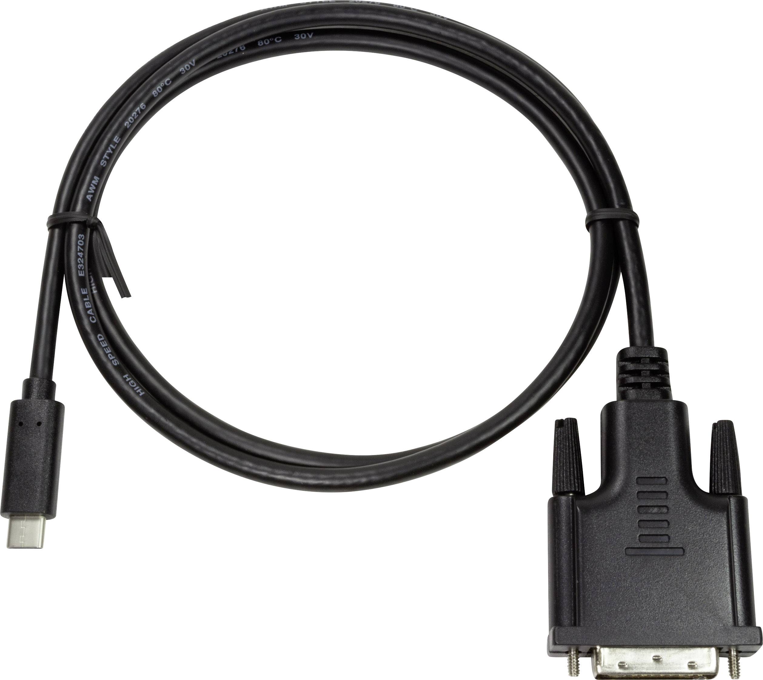 Ein schwarzes Kabel mit USB-C-Anschluss auf der linken Seite und VGA-Stecker auf der rechten Seite, geeignet für Verbindung von Geräten.