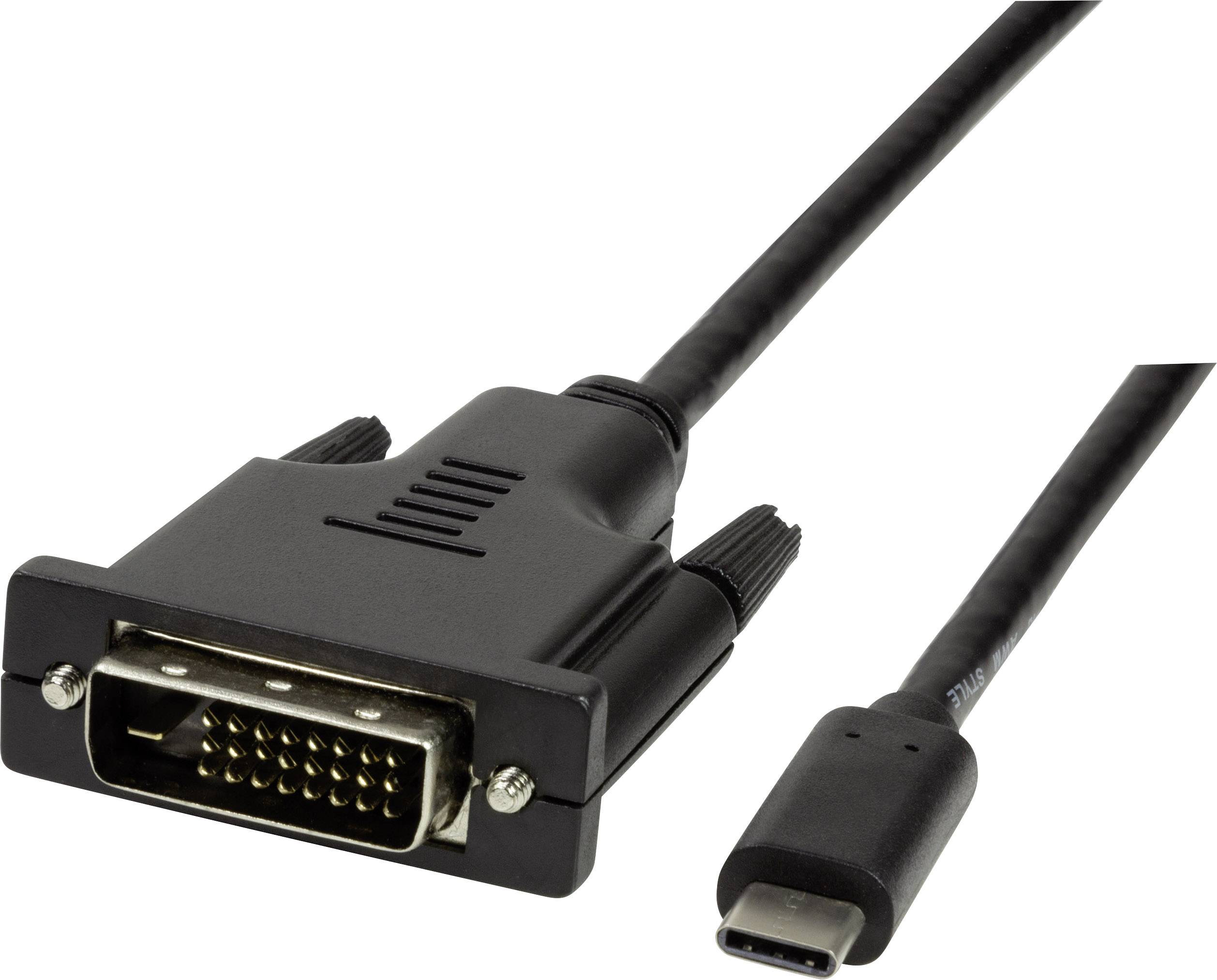 Ein schwarzes Kabel mit einem DVI-Anschluss und einem USB-C-Anschluss.