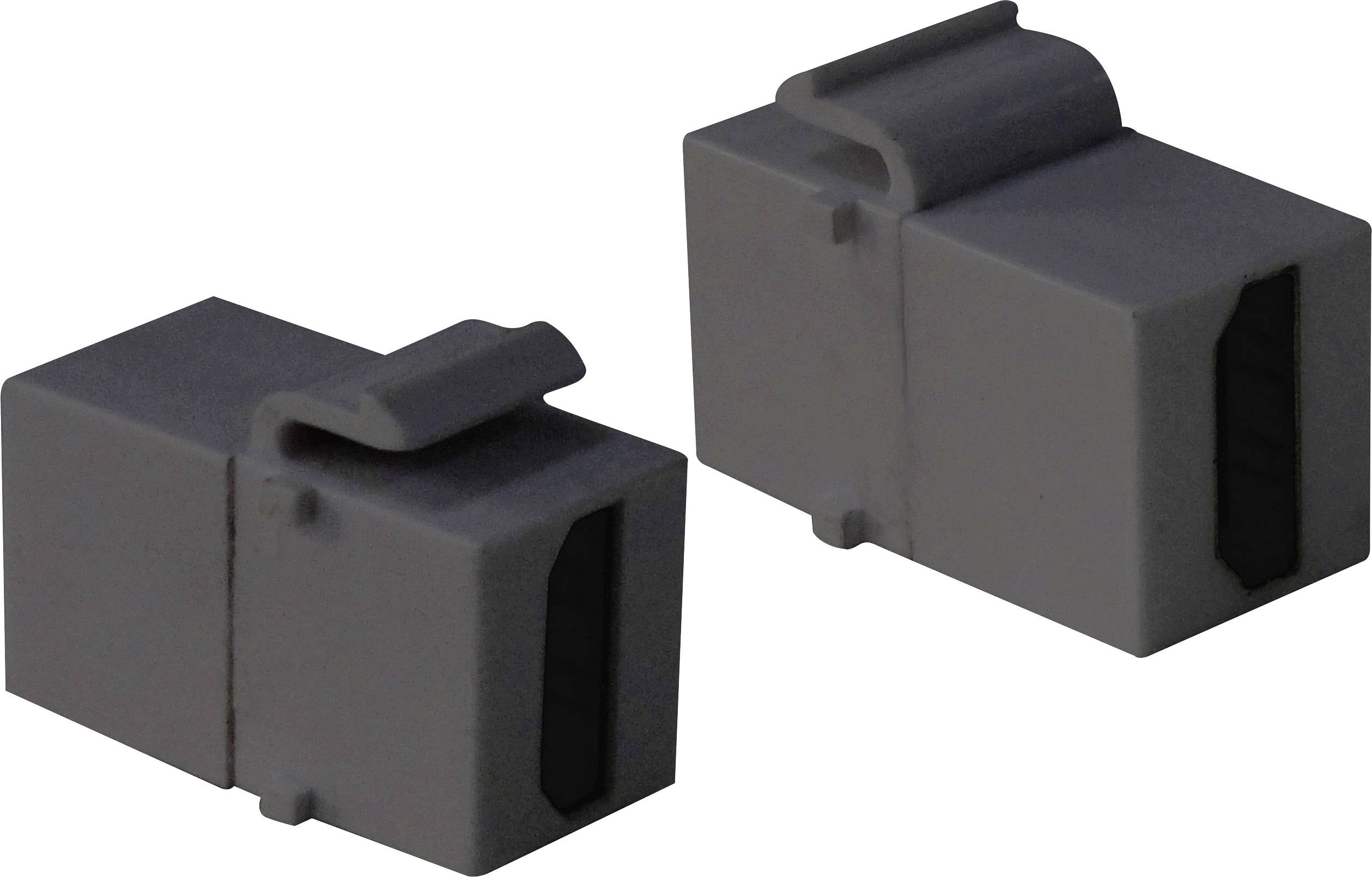 Zwei graue Kunststoffmodule nebeneinander, beide mit einem rechteckigen Anschluss und einer hervorstehenden Klappe auf der Oberseite.