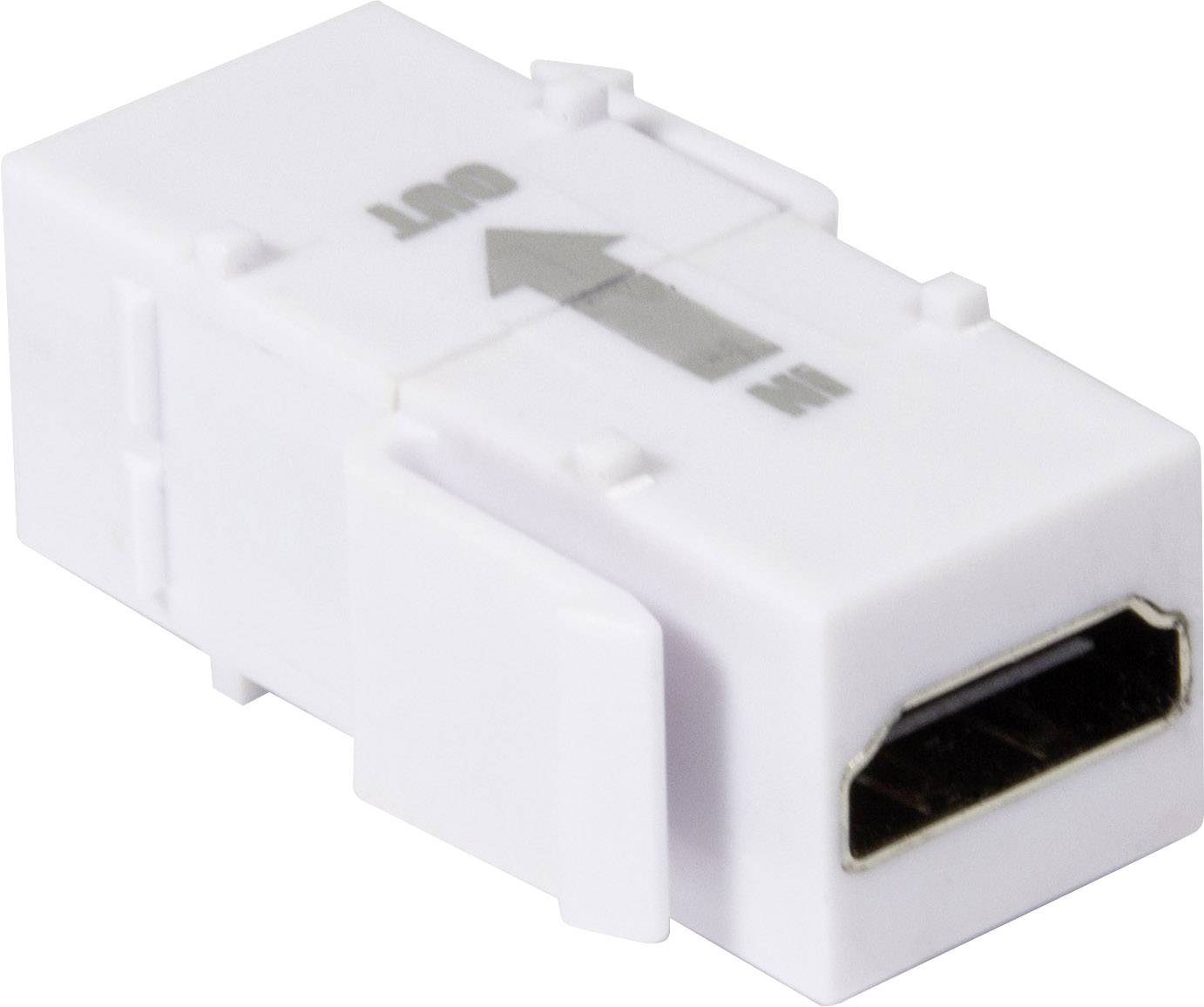 Ein HDMI-Koppler mit weißem Gehäuse, zeigt einen Pfeil und mit den Aufschriften 'IN' und 'OUT' zur Signalrichtung.