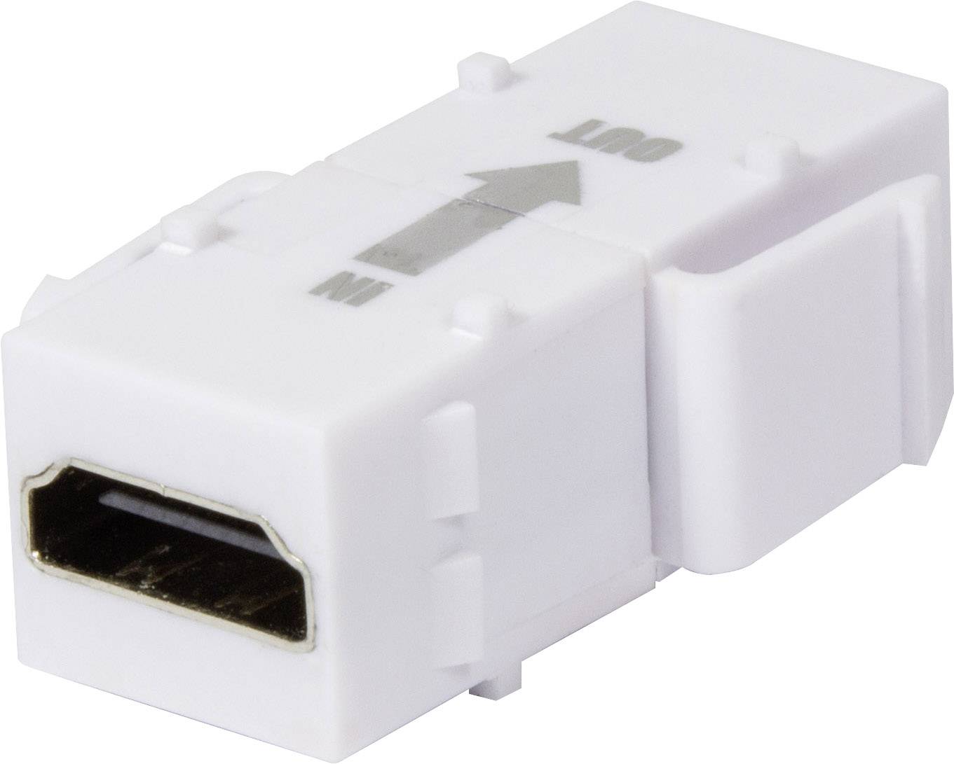 Ein HDMI-Keystone-Modul in Weiß zeigt Pfeile für Ein-und Ausgang.