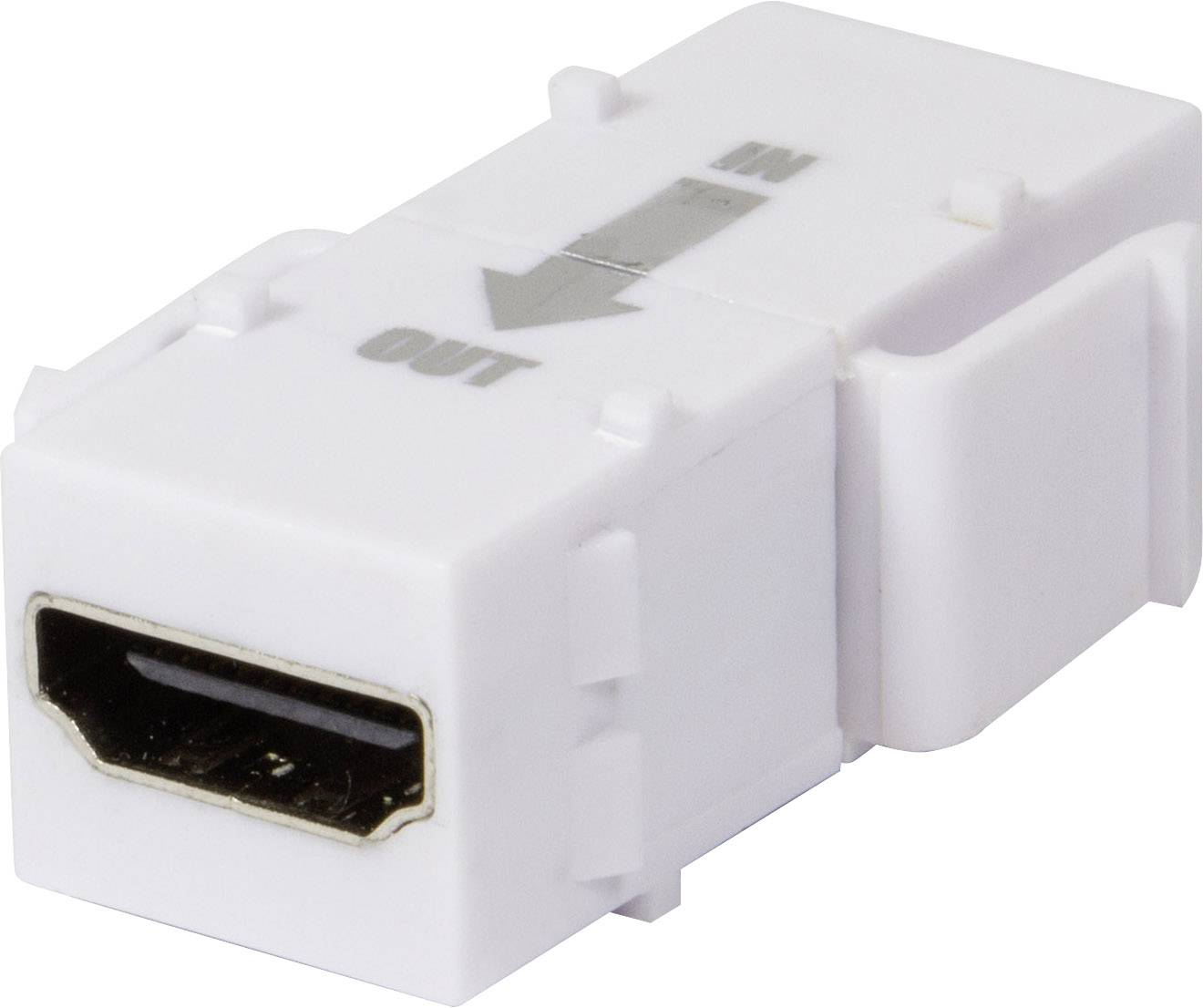 Ein weißer HDMI-Koppler mit einem Pfeil zeigt die Richtung 'IN' und 'OUT' an.