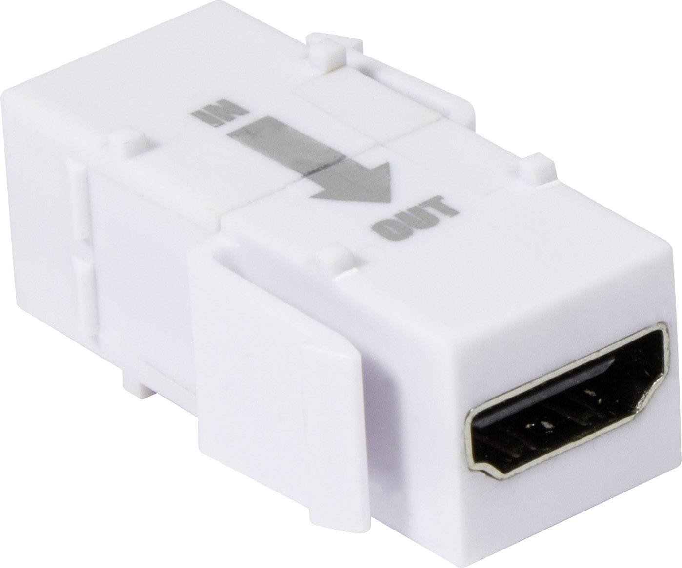 HDMI-Kupplungsadapter, rechteckige weiße Form, mit Pfeilen und Beschriftungen 'IN' und 'OUT', zeigt Signalflussrichtung an.
