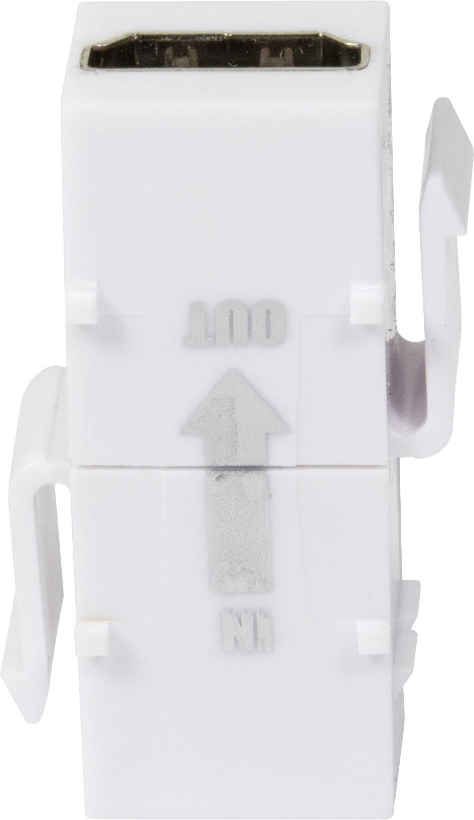 Ein weißer HDMI-Keystone-Adapter mit zwei offenen Seiten, markiert durch die Aufschriften 'IN' und 'OUT' und geeigneten Pfeilen.