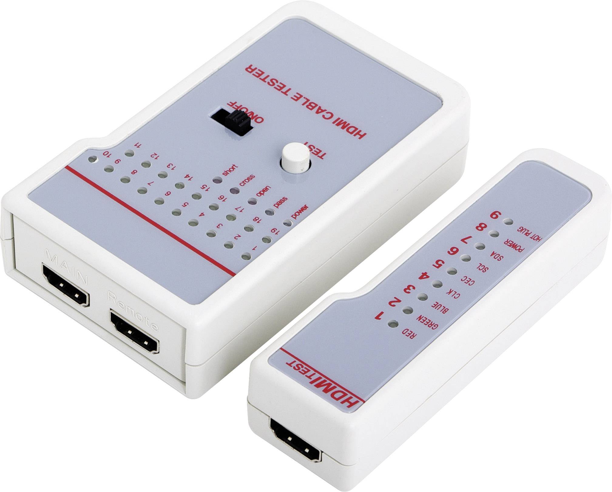 Ein weißer HDMI-Kabeltester mit zwei Einheiten: Hauptgerät und entfernbare Einheit. LEDs zeigen den Teststatus an.
