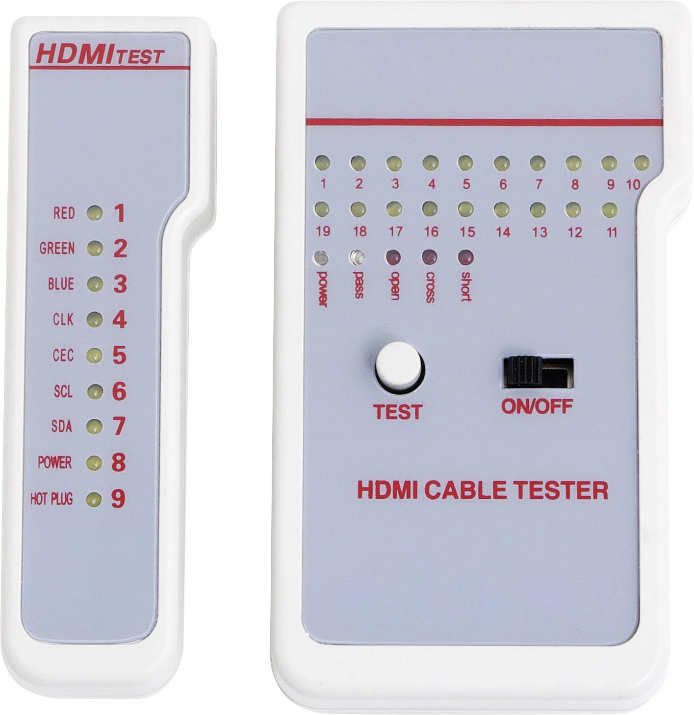 Ein HDMI-Kabeltester mit zwei Komponenten, einer Haupt- und einer Fernbedienungseinheit. Beide haben nummerierte LED-Anzeigelampen.