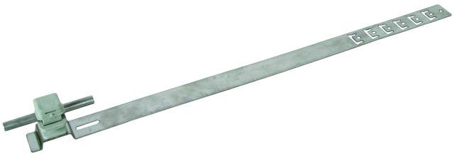 Metallische Kabelbindung mit verriegelbarem Kopfteil, langem Riemen und mehreren Schlaufen zur Befestigung von Kabeln.