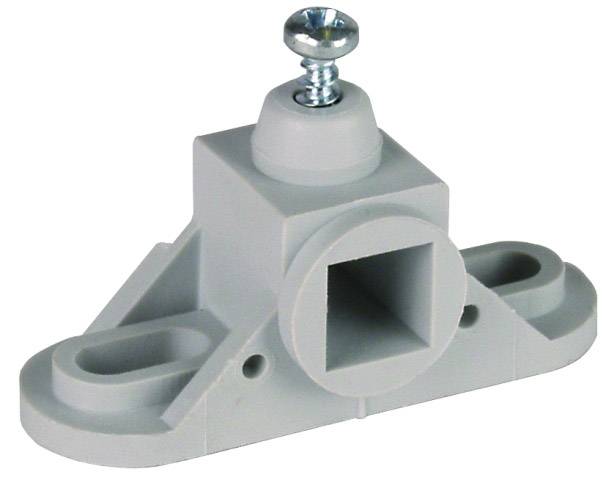 Graues Kunststoff-Bauteil mit rechteckiger Öffnung und Befestigungsschraube oben. Verwendet zur Montage oder Befestigung.