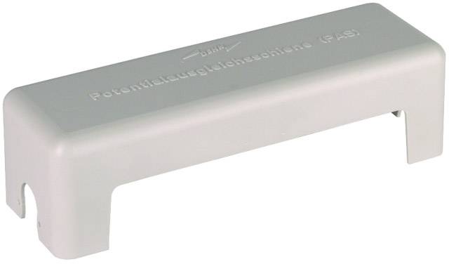 Graue Kunststoffabdeckung mit Aufschrift 'Potentialausgleichsschiene (PAS)', verwendet zur elektrischen Absicherung.