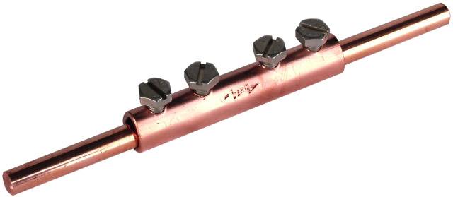 Kupferfarbenes Stabanschlussstück mit vier Schraubklemmen zur elektrischen Verbindung.