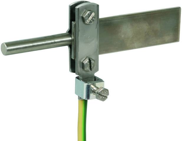 Metallklemme mit grüner und gelber Isolierung, an einer flachen Metallplatte befestigt, zeigt aufrecht.