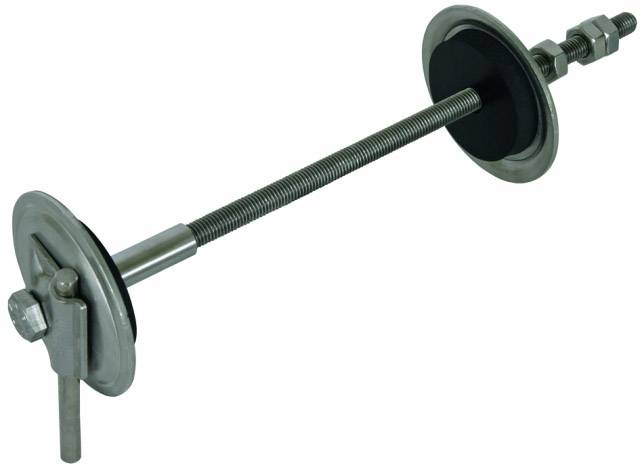 Stange mit Gewindestange, zwei Scheiben und Muttern dient als Verbindungselement in mechanischen Anwendungen.