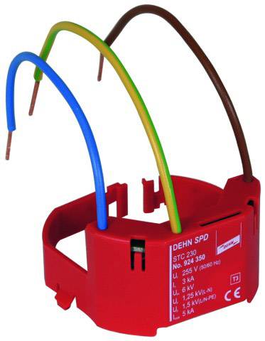 Roter Blitzschutzadapter mit drei bunten Kabeln (braun, blau, grün-gelb), markiert mit technischen Details für Stromspannung.