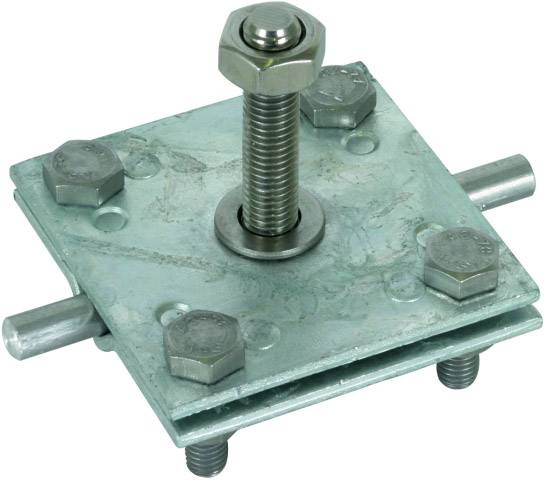 Metallverbindungsplatte mit zentraler Schraube und vier umgebenden Schrauben, montiert auf einem Metallblock.