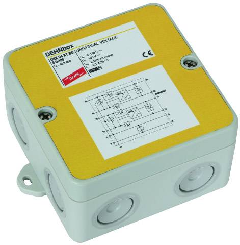 Elektrisches Gehäuse mit der Beschriftung 'DEHNbox'. Enthält eine Schaltskizze und technische Informationen. Verwendung für Spannungsregelung.