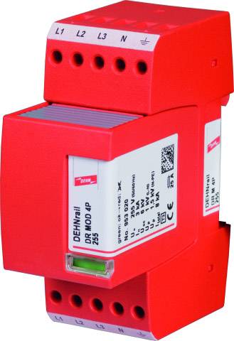'Rotes, modular aufgebautes Gerät mit mehreren Anschlüssen oben, Beschriftung 'DENRail DR MOD 4P 255' und QR-Code an der Seite.'