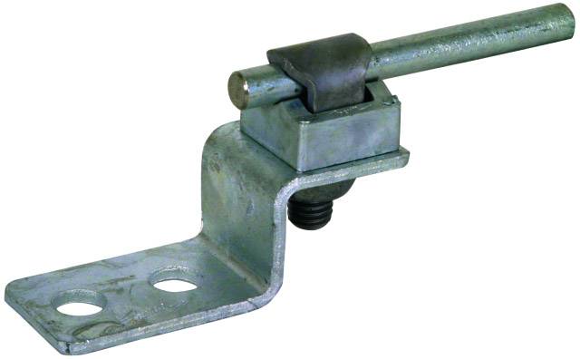 Metallwinkel mit zwei Löchern, daran befestigt ein beweglicher Bolzen mit Hebel. Verwendet als Verschlussmechanismus.
