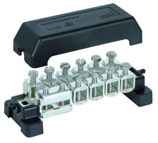 Anschlussblock mit abnehmbarer Abdeckung, mehrere Metallklemmen für elektrische Verbindungen sichtbar.