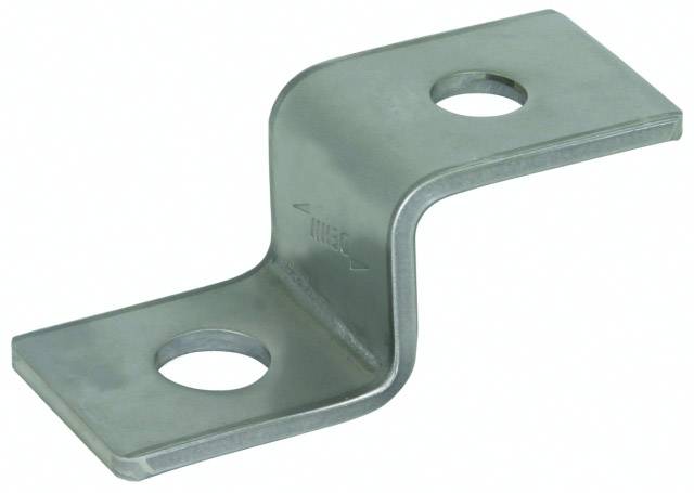 Ein metallisches L-förmiges Befestigungselement mit zwei runden Löchern für Schrauben oder Bolzen.