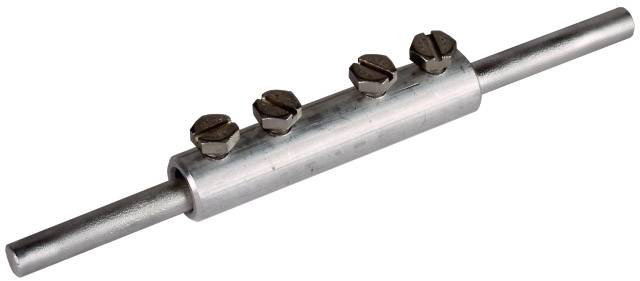 Ein silberner Verbinder mit vier Schrauben, wahrscheinlich für mechanische oder elektrotechnische Anwendungen.