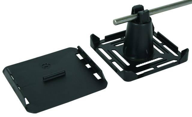 Schwarzes Kunststoff-Stützsystem für Flachdächer, bestehend aus zwei Teilen: Basisplatte und höhenverstellbare Halterung mit Stange.