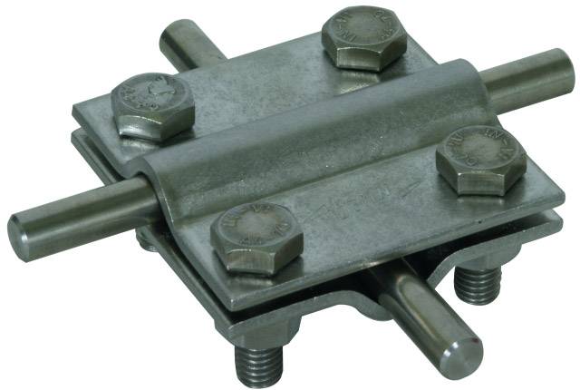 Metallverbindungselement mit vier Schrauben und zwei Stangen, zeigt eine mechanische Klemmanordnung zur Befestigung von Stangen.