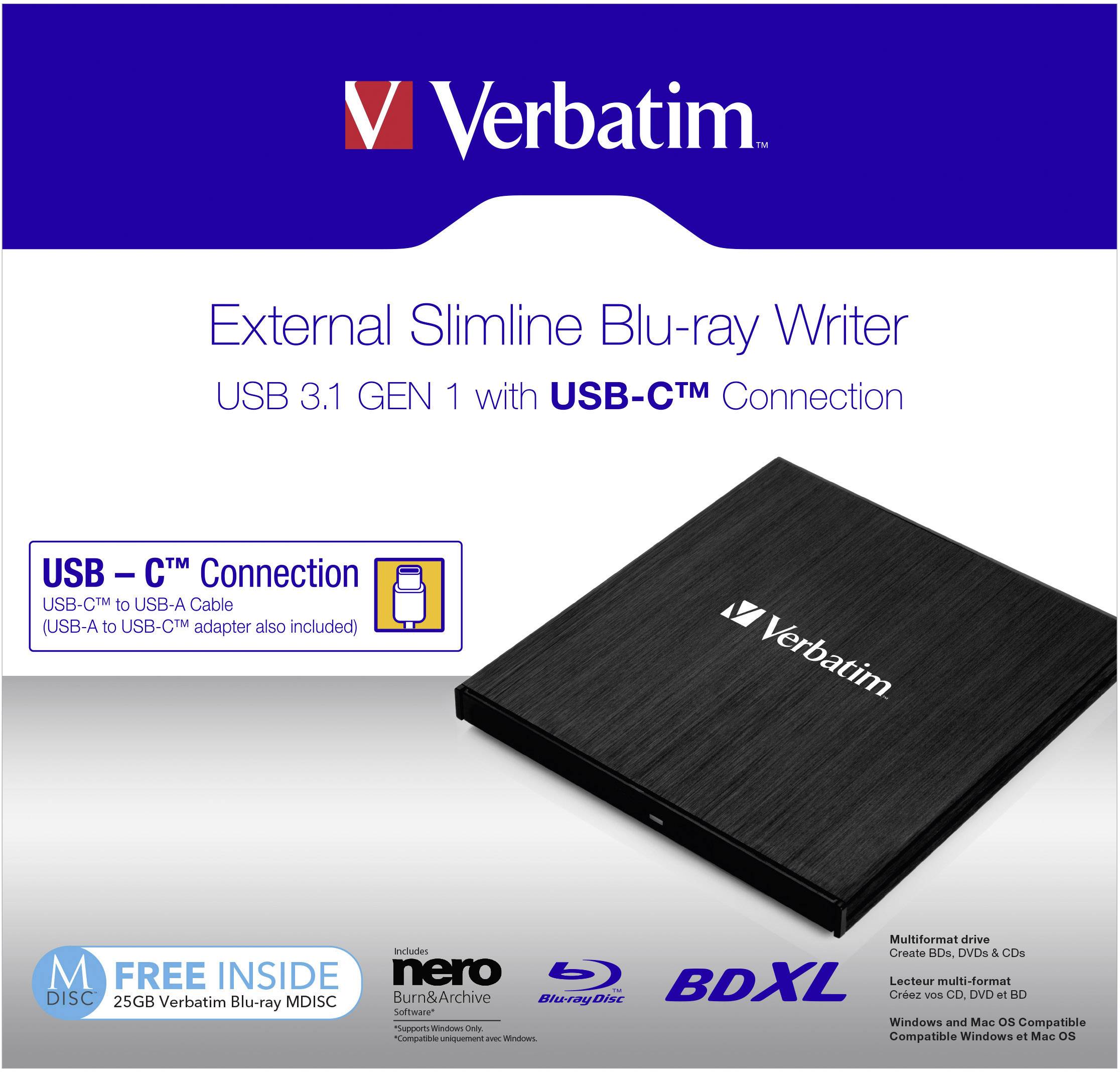 Verbatim Slimline - Laufwerk - BDXL Writer - 6x/4x - SuperSpeed USB 3.1 Gen 1 - extern (13,3 cm Slim Line)