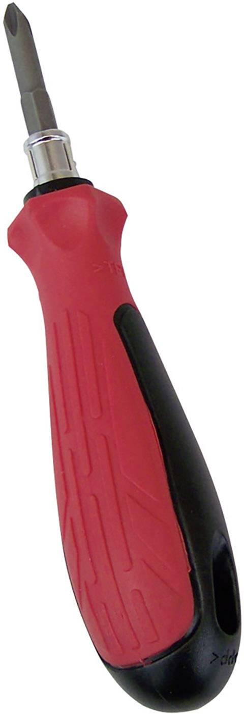 Ein roter und schwarzer Schraubendreher mit ergonomischem Griff, geeignet für handwerkliche Arbeiten.