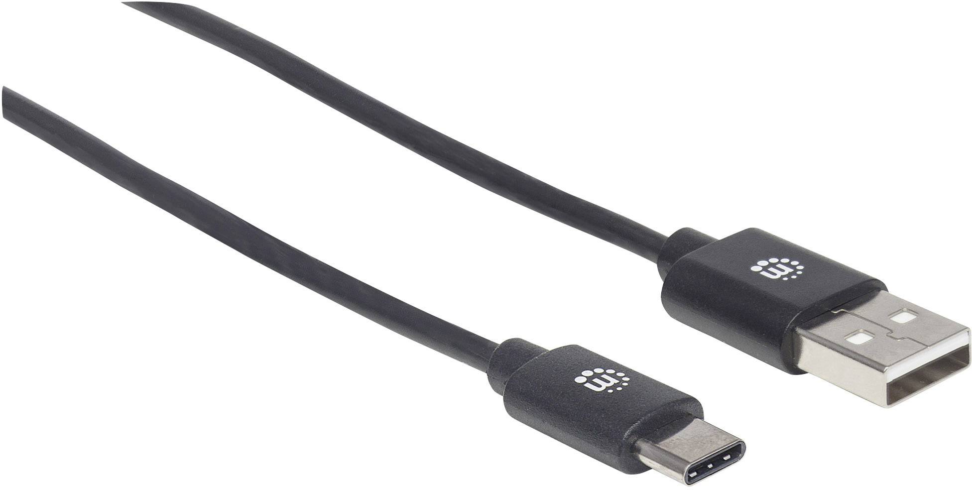Ein schwarzes USB-Kabel mit einem USB-C-Stecker auf der einen Seite und einem USB-A-Stecker auf der anderen Seite.