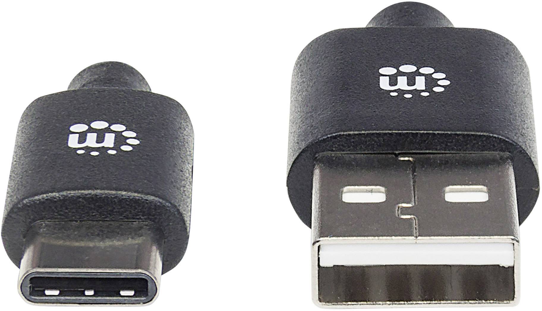Zwei USB-Anschlüsse nebeneinander: links ein USB-C-Stecker, rechts ein USB-A-Stecker. Beide sind schwarz mit einer weißen Logo-Aufschrift.