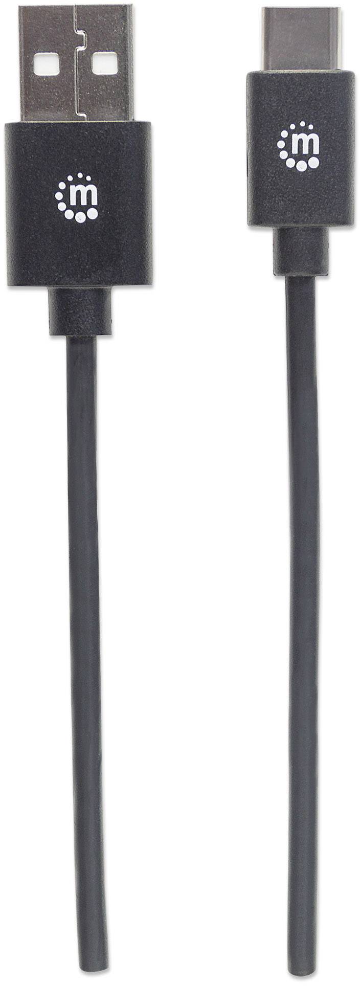 Ein schwarzes USB-Kabel mit USB-A-Stecker auf der linken Seite und USB-C-Stecker auf der rechten Seite. Beide Stecker haben ein 'm'-Logo.