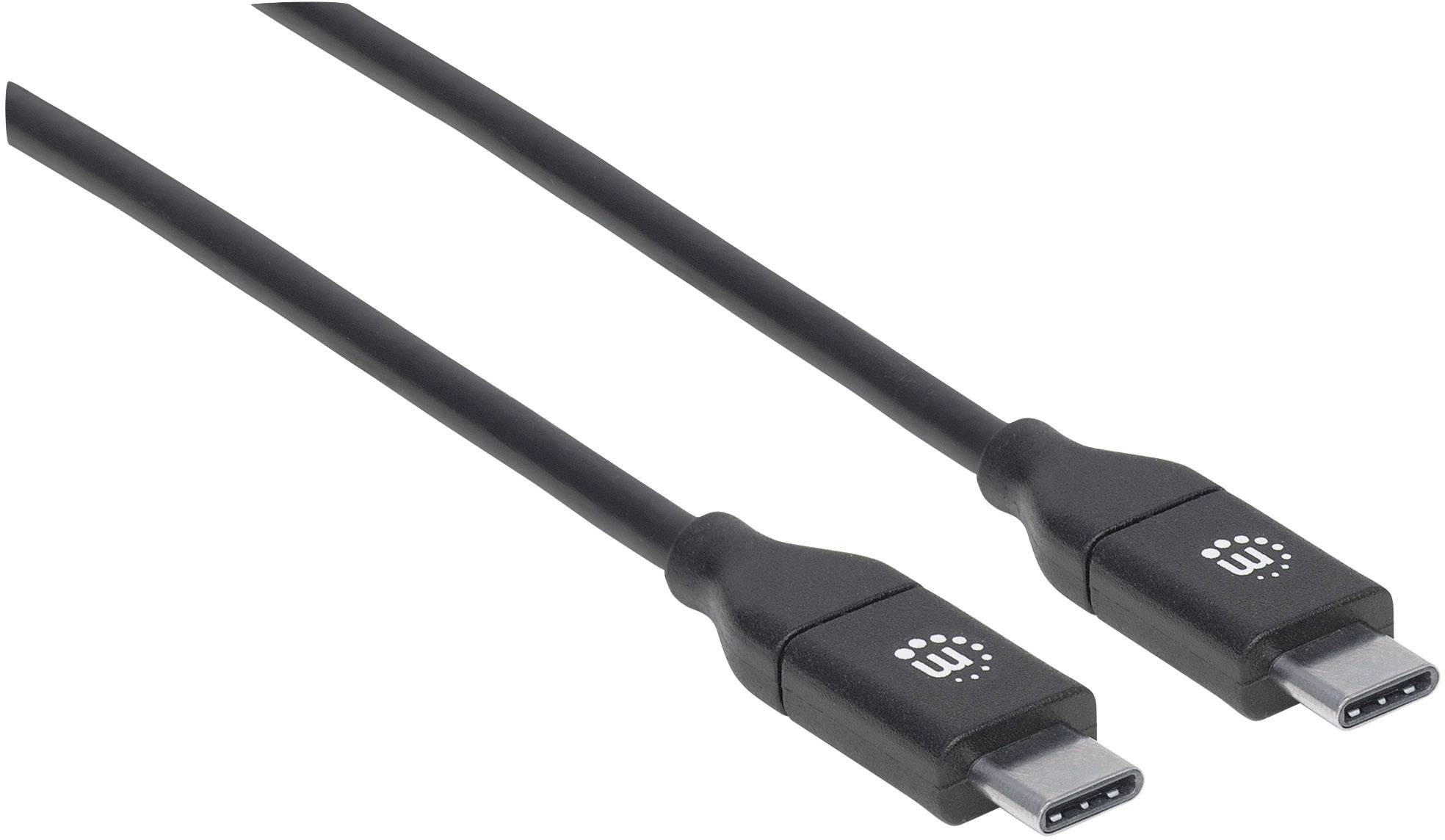 Ein schwarzes USB-C-Kabel mit beidseitigen Anschlüssen und einem eingeprägten Logo auf den Steckern. Geeignet für Datenübertragung und Laden.