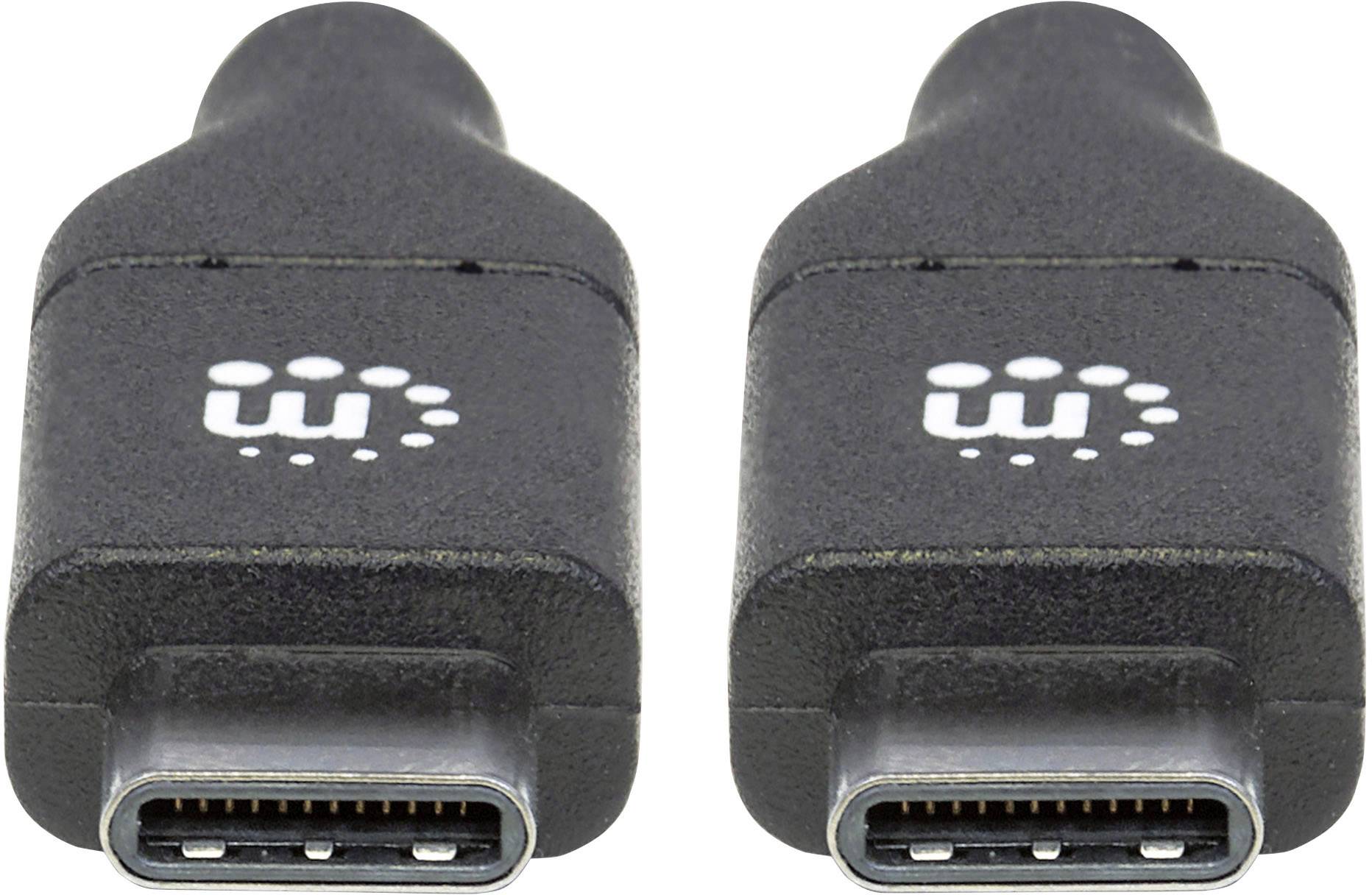 Zwei schwarze USB-C-Stecker mit einem weißen Logo auf der Oberseite, nebeneinander liegend, Vorderansicht der Anschlüsse.