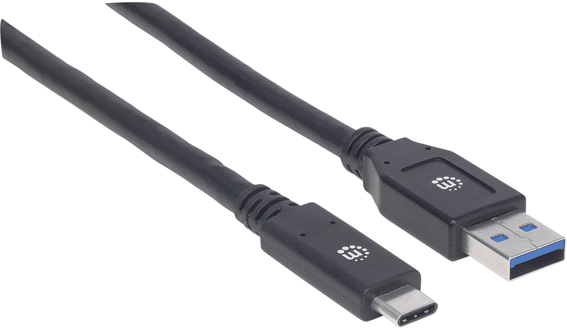 Ein schwarzes USB-Kabel mit USB-C- und USB-A-Steckern nebeneinander, verwendet für Datenübertragung und Laden.